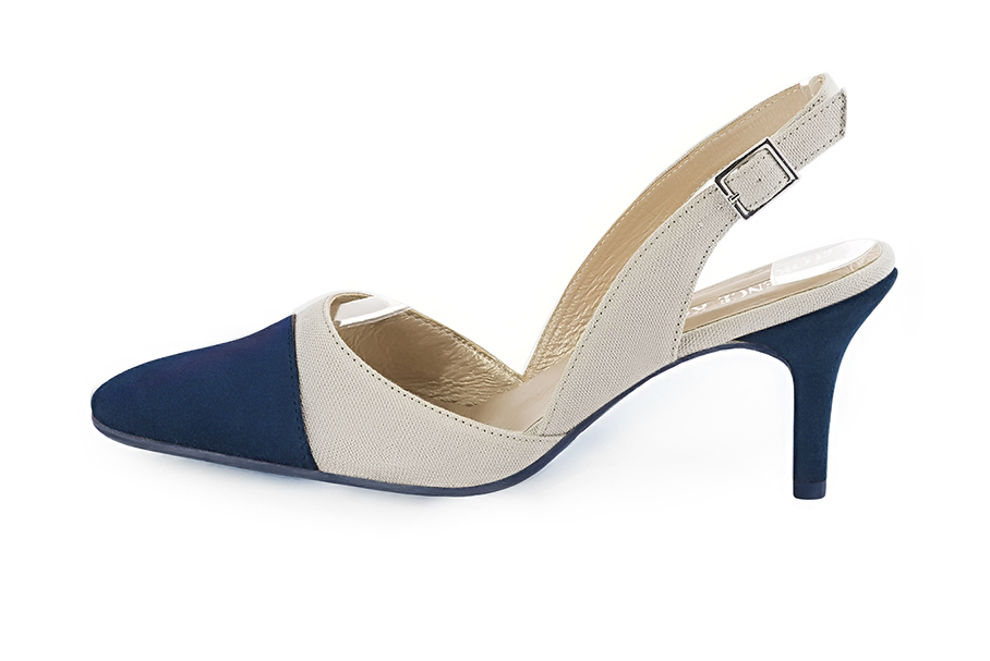 Women's navy blue and off white elegant slingback heels. Tapered toe. High slim heel - Profile view